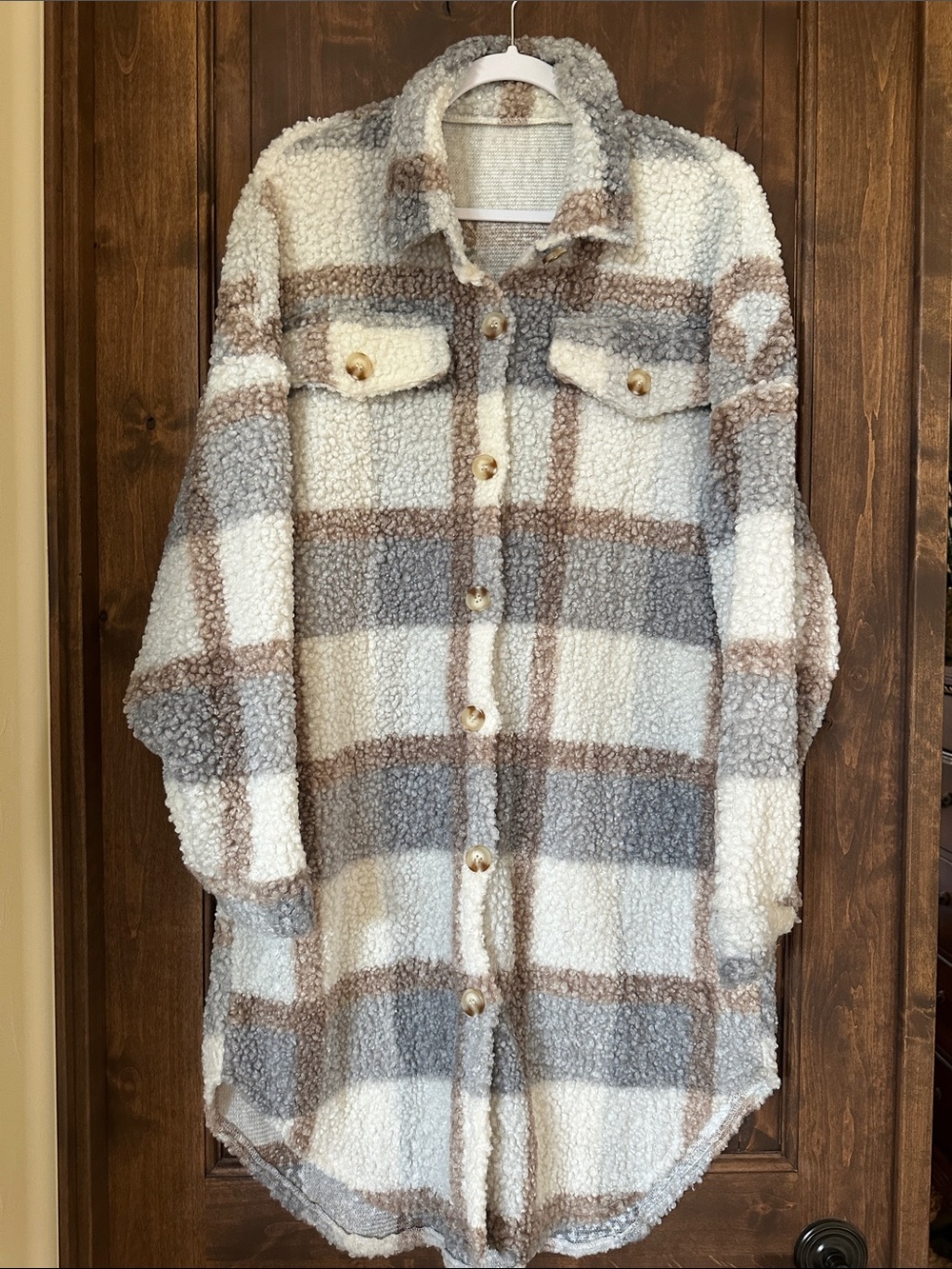 Cozy Plaid Sherpa Jacket Dress - Cream, Gray & Brown